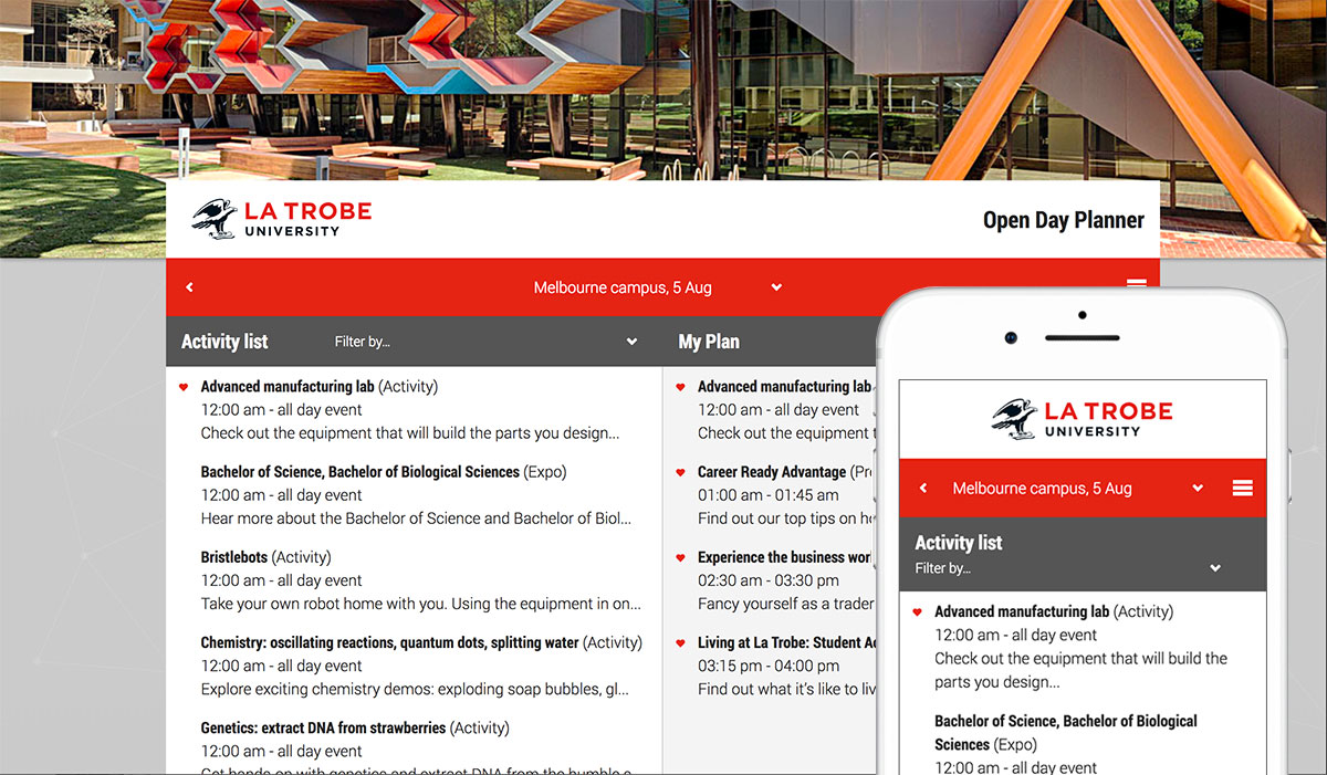 Open Day Planner desktop and mobile versions
